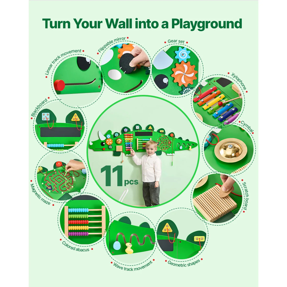 Dinosaur Montessori Busy Board With 11 Sensory Activity Panels