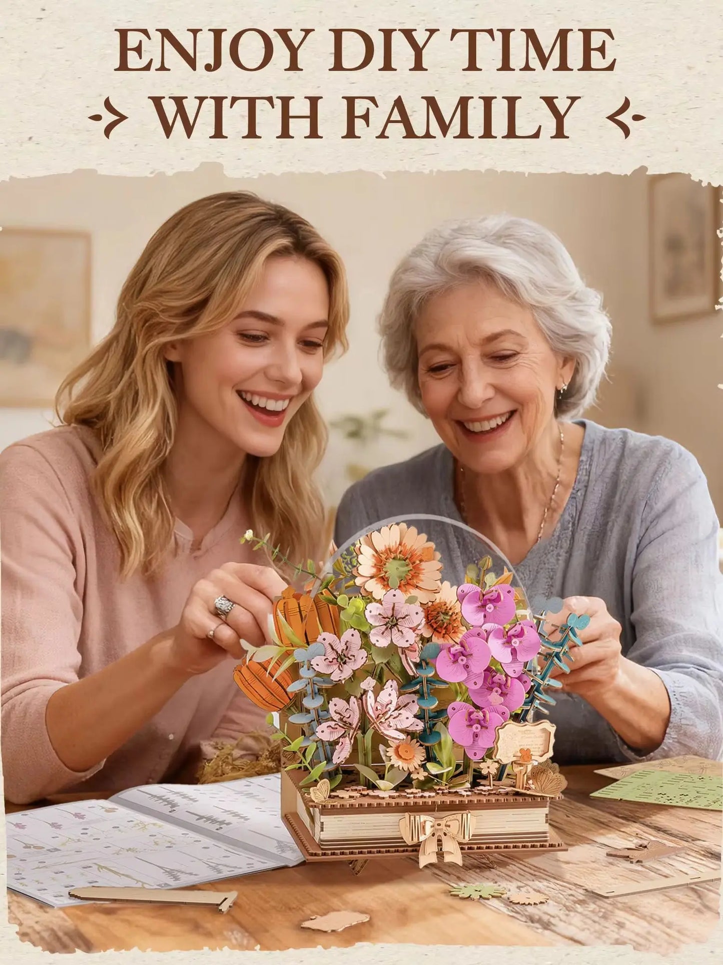 Rolife 3D Puzzle Wooden Blooming Book DIY Flower Bouquet