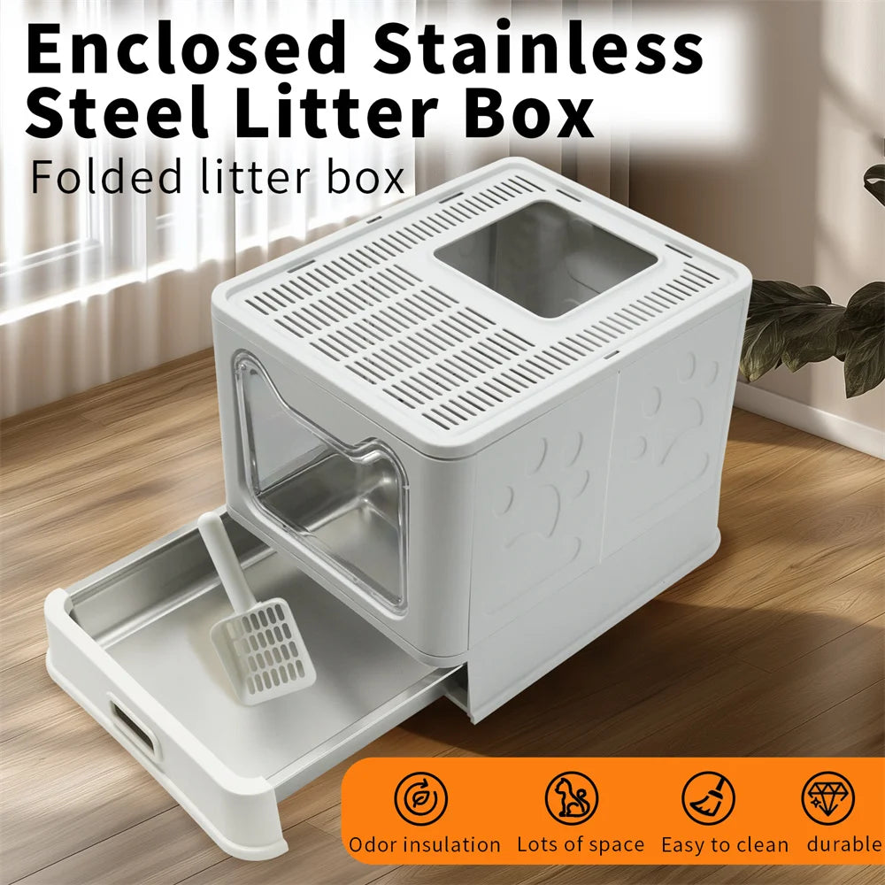 Enclosed Stainless Steel Top Entry Cat Litter Box With Lid