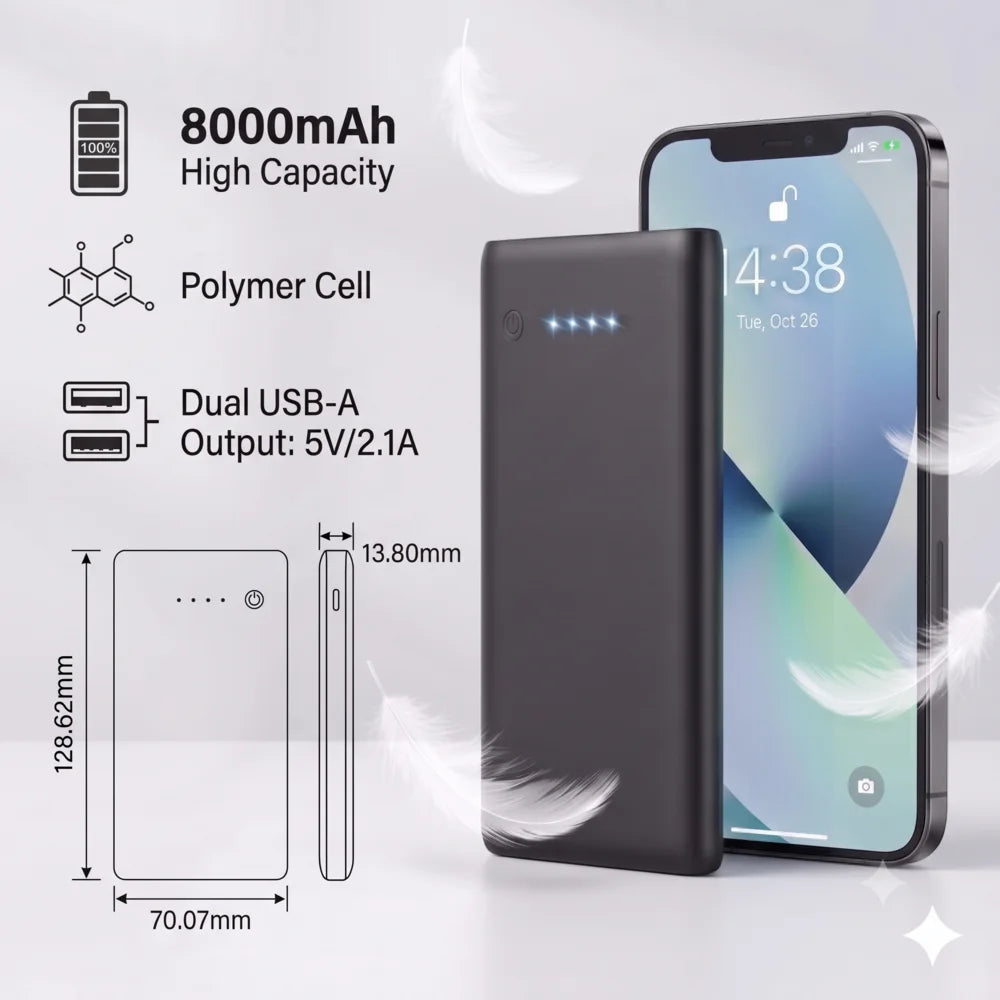 Portable 8000mAh Power Bank Dual USB High Capacity Battery Charger