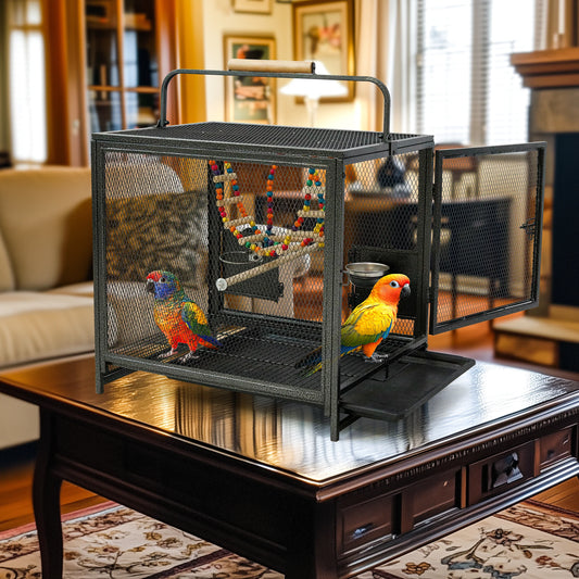 Wrought Iron Bird Travel Carrier With Wooden Perch And Guard