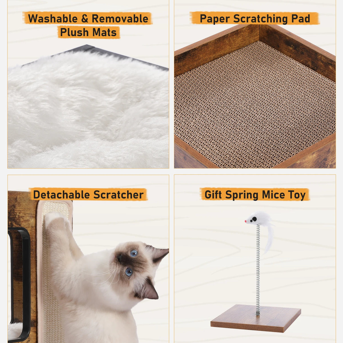 PAWZ Road Wood Cat Condo Bed With Removable Mats And Scratching Pad