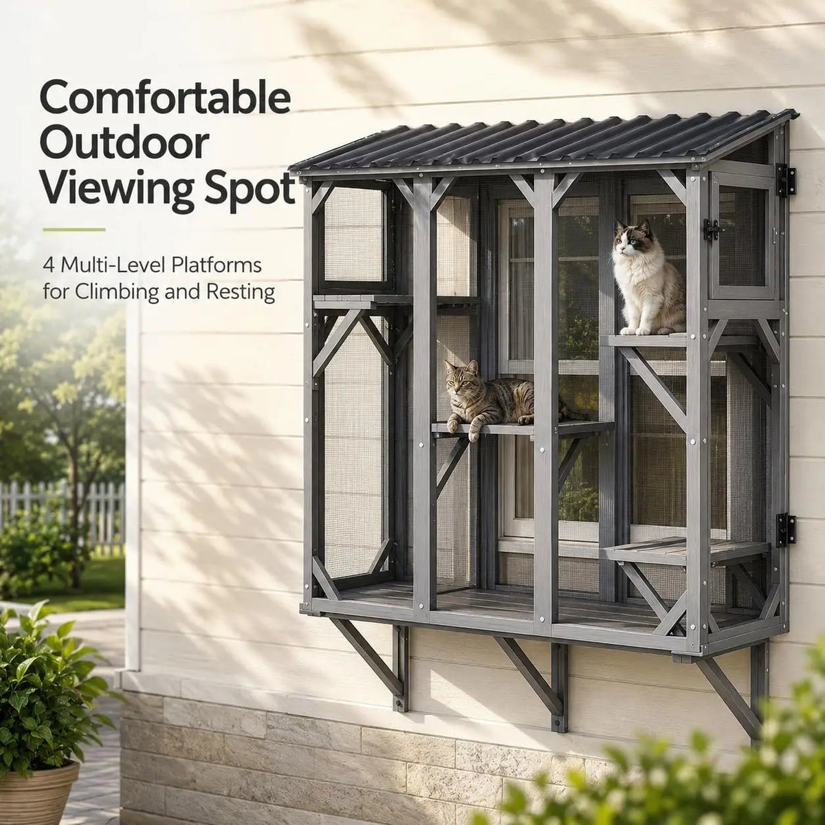 Outdoor Wooden Cat Window Catio Enclosure With Panoramic Viewing Perch