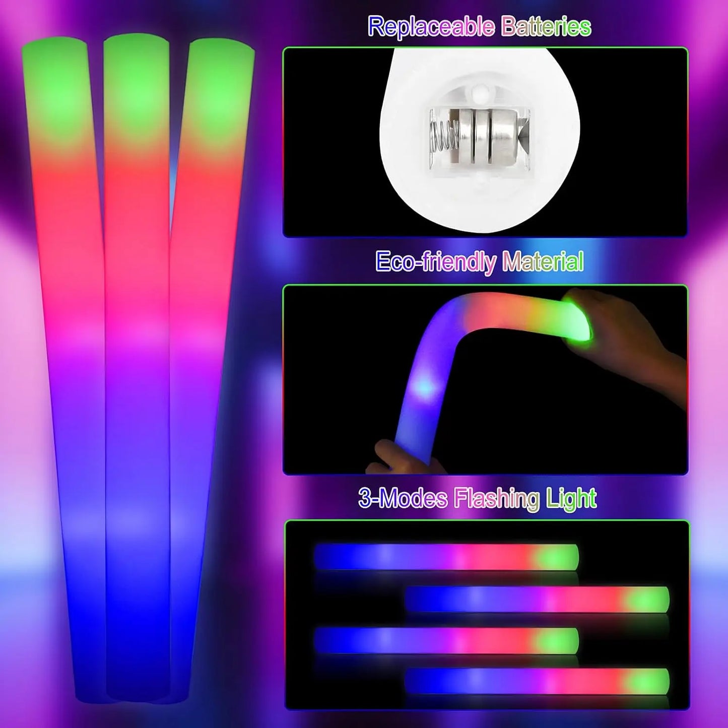 LED Foam Glow Sticks With Three Flashing Modes For Parties