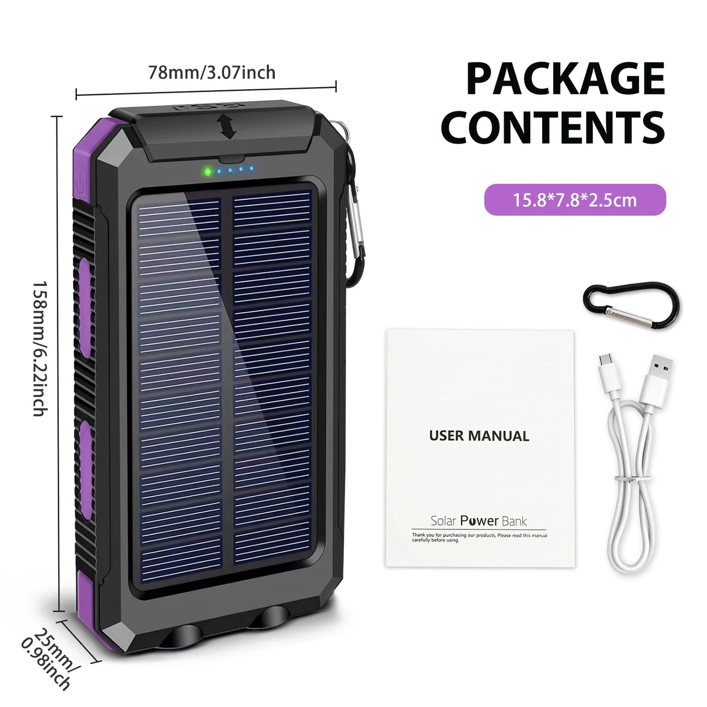 Portable 30000mAh Solar Power Bank Fast Charging Dual USB Flashlight