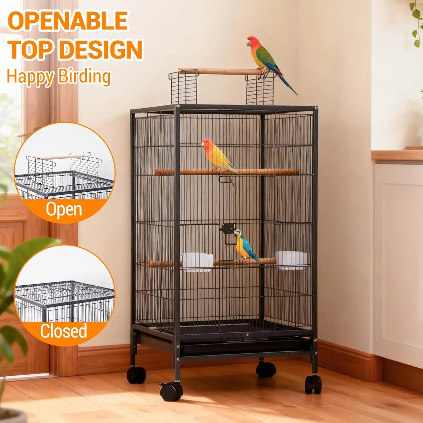 HiMISS Open Top Bird Cage With Rolling Base And Tray