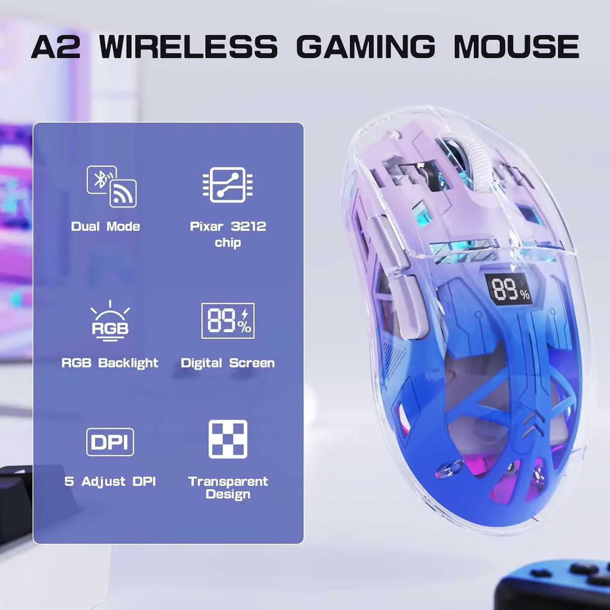 Attack Shark A2 Bluetooth Wireless Gaming Mouse RGB Digital Screen
