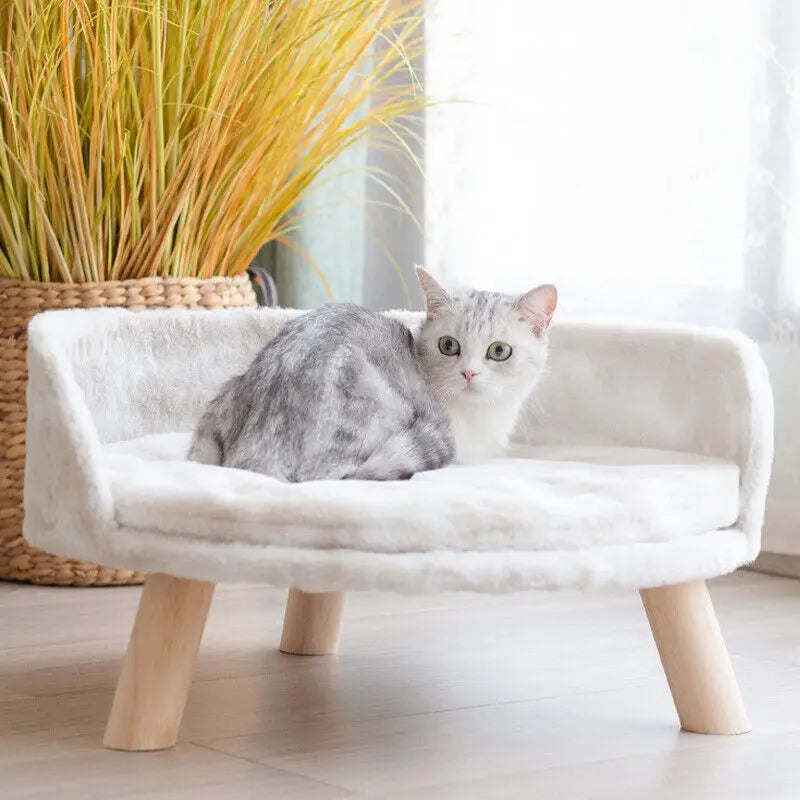 Luxurious Plush Cat Bed With Wooden Legs And Washable Cushion