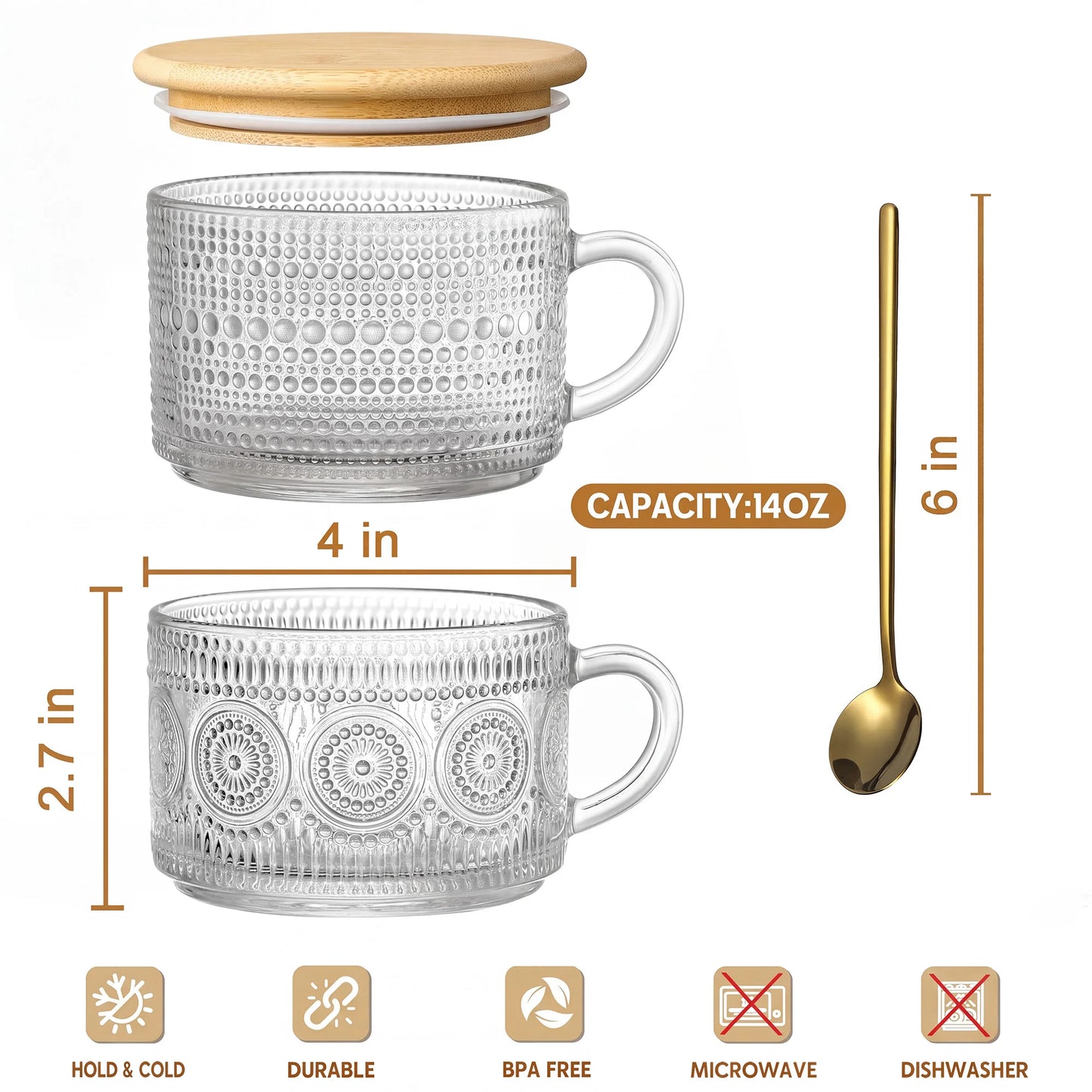 Vintage Embossed Glass Coffee Mug Set With Bamboo Lids Spoons