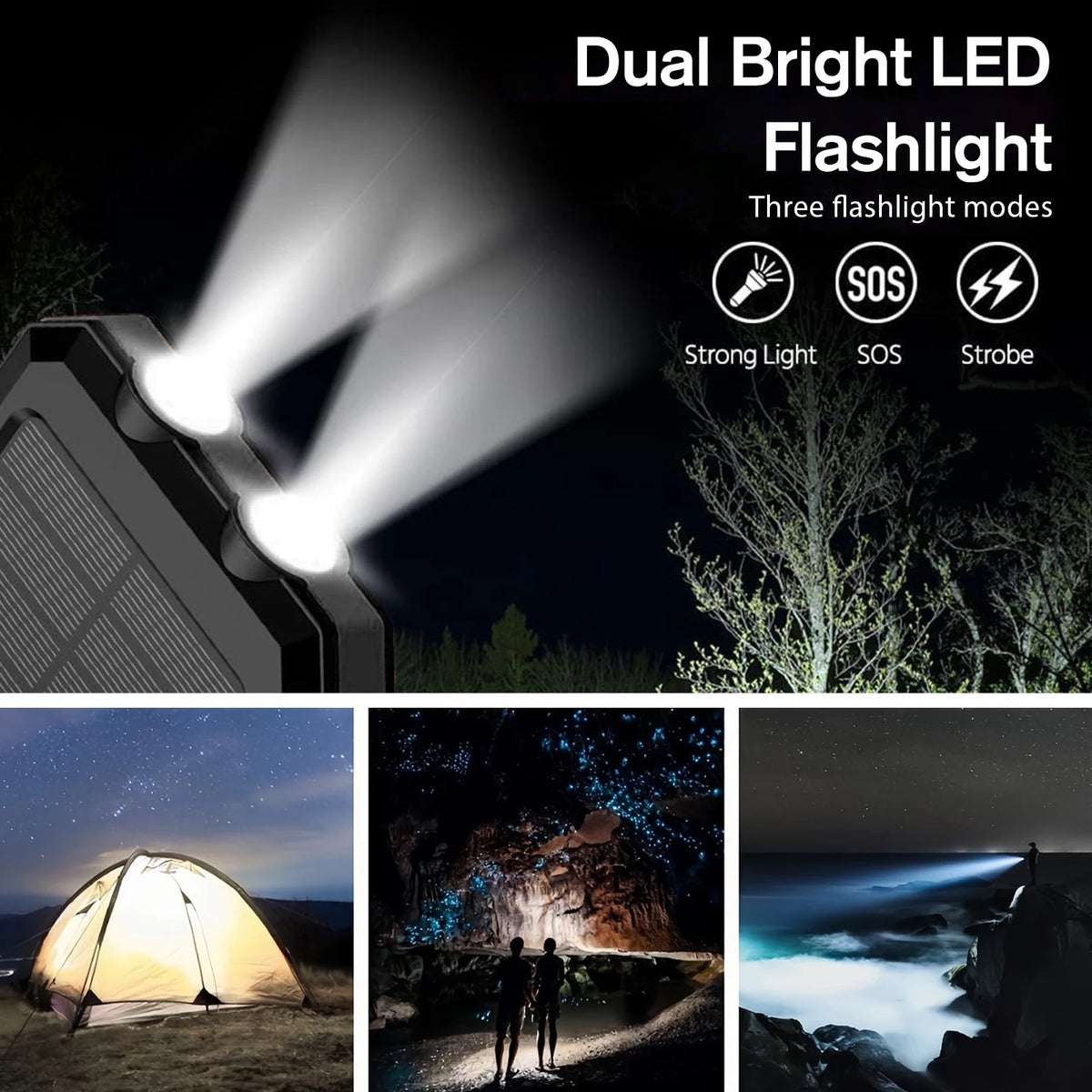 Portable 30000mAh Solar Power Bank Fast Charging Dual USB Flashlight