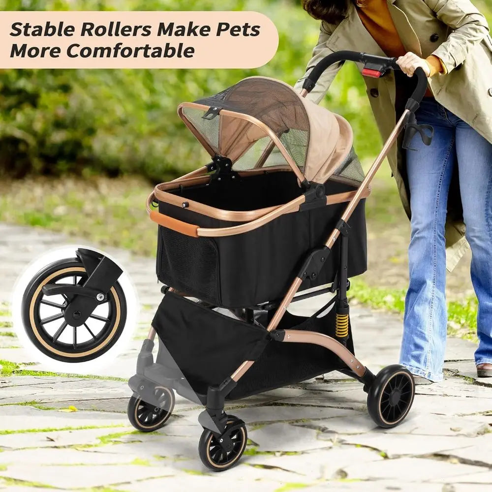 Four Wheel Pet Stroller With Shock Absorbers And Storage Basket