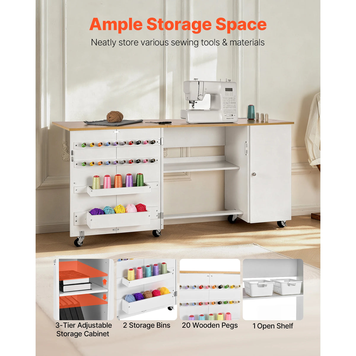 SucceBuy Folding Sewing Table Multipurpose Cabinet Charging Station